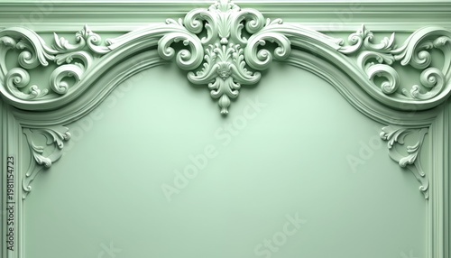 Intricate pale green ornate scrollwork forms decorative archway. Detailed floral motifs, swirling leaf patterns create elegant baroque style border. Rich design perfect for luxury branding vintage
