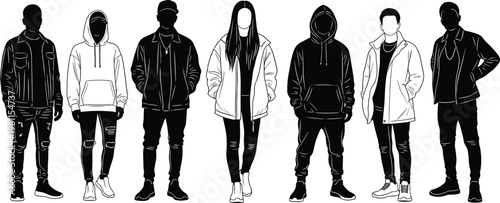 Urban streetwear people silhouettes hoodie jacket fashion lineup modern youth style casual outfit vector illustration trendy apparel collection
