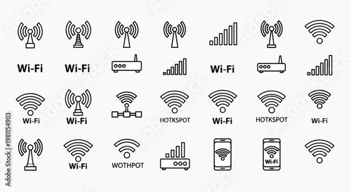 Collection of Wi-Fi and Network Signal Icons Including Antennas, Hotspot, Router, and Signal Bars