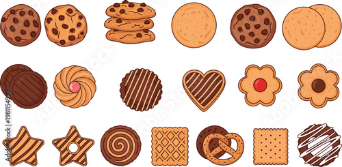 Assorted cookie and biscuit vector collection featuring chocolate chip butter swirl heart star and sandwich cookies isolated set