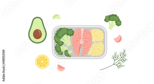 Healthy Meal Prep Vector Illustration with Salmon, Broccoli, Avocado, and Quinoa in Container for Balanced Diet.
