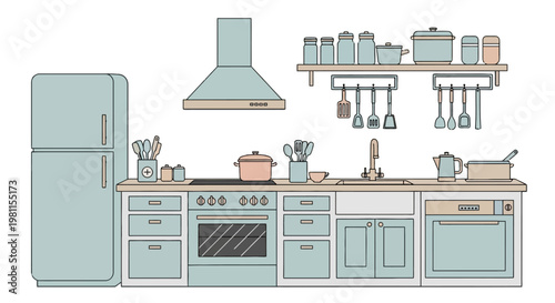 Modern Kitchen Interior Vector Illustration with Cooking Utensils and Minimalist Flat Design Furniture.