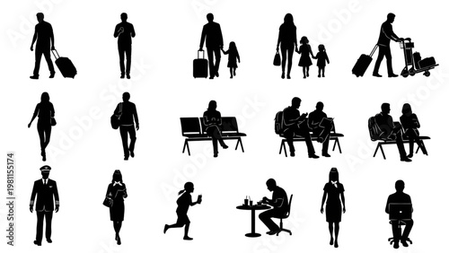 Airport Passengers Architectural Blueprint Human Activity Vector Character Set, Shadow Silhouette Style Illustration, Isolated White Background