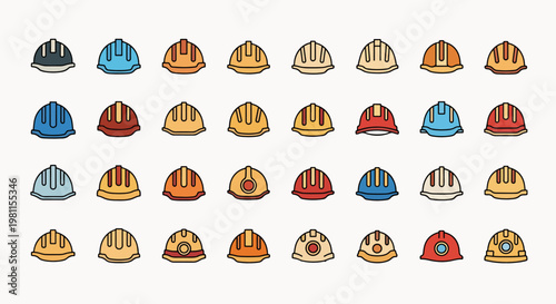 Collection of safety hard hats in various vibrant colors and styles, construction worker protective headgear icons