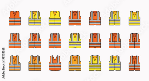Collection of safety vests in orange and yellow with reflective stripes, isolated on white background, vector illustration
