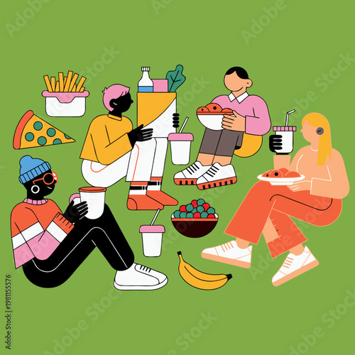 Flat illustration of people eating, colorful food icons, fast food, snack time