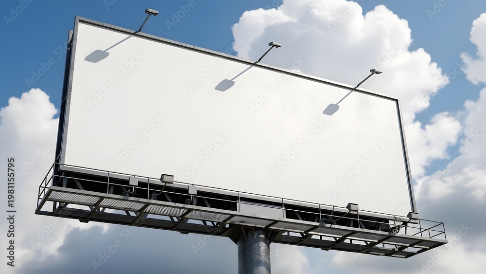 Obraz premium Blank billboard sign against a blue sky with fluffy white clouds