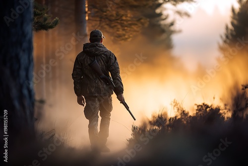 Professional hunter in camouflage gear walking through a misty forest at dawn during hunting season