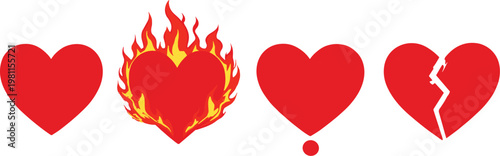 Red Heart Icon Set with Flame, Broken Heart, and Exclamation Mark Symbols – Flat Vector Illustration