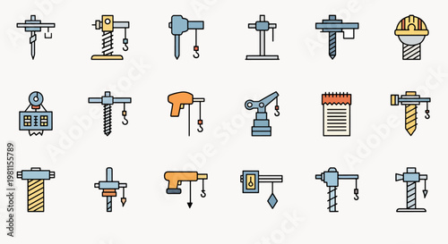 Set of flat design construction icons, representing industrial equipment, tools, and machinery for building projects