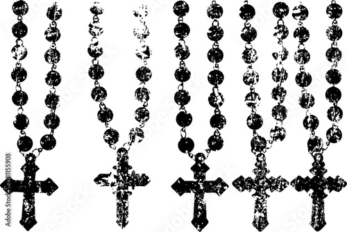 grunge rosary beads with crosses hanging in a row, religious symbols in black and white