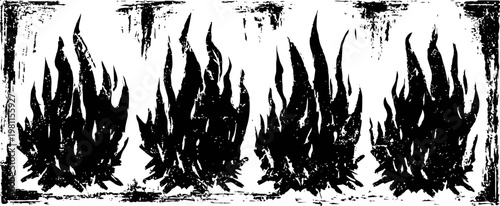four black hand drawn flames with rough edges, grunge blazing fire illustration