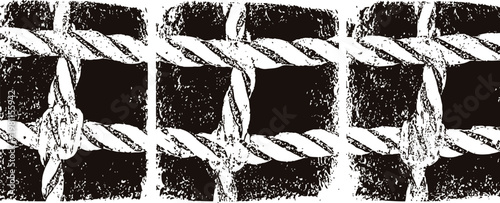 Close up of knotted nylon rope securing wire fence grid for outdoor barrier or enclosure