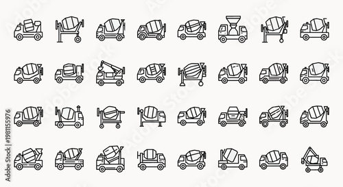 Set of concrete mixer truck icons, various construction vehicles for building industry, isolated on white background, flat design style