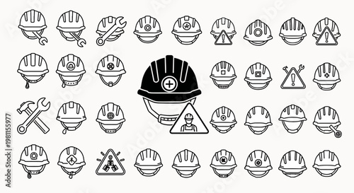 Set of construction safety helmets and tools icons, including wrench, hammer, and warning signs, on white background