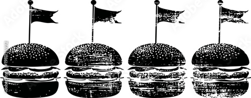 Four vintage hamburgers with small flags on top arranged in a row
