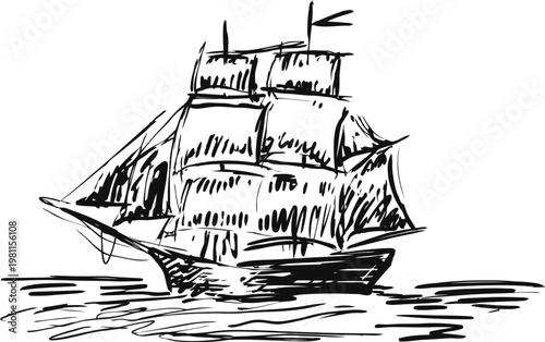 vintage sailing ship on water hand drawn old tall ship with sails and masts, marine transportation