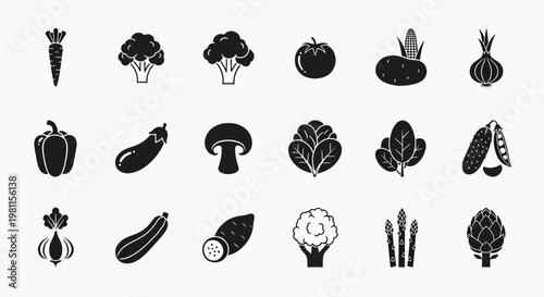 Set of 15 Black and White Flat Icons Representing Various Fresh Vegetables and Healthy Food Ingredients