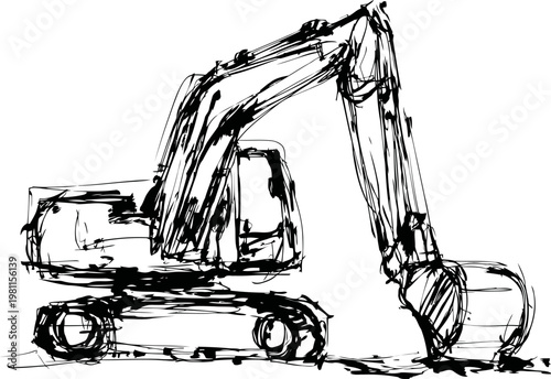 Sketch of an excavator with a hydraulic arm and bucket on crawler tracks, construction equipment outline