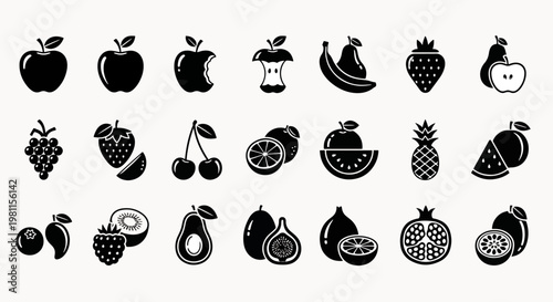 Set of 20 assorted fruit icons in black and white, including apples, strawberries, cherries, oranges, bananas, pears, grapes, pineapples, figs, pomegranates, and more