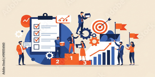 Business Growth and Project Management Illustration with Teamwork, Checklist Planning, Target Achievement and Data Analytics for Corporate Strategy Success