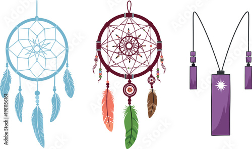 Vector Illustration of Dreamcatchers and Amulets with Feathers and Beads