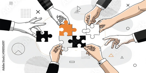 Business Teamwork Concept with Hands Connecting Puzzle Pieces, Collaboration Strategy and Partnership Illustration for Corporate Success and Problem Solving