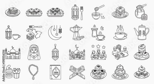 Ramadan Icons Set, Islamic Lanterns, Mosques, Dates, Sweets, and Coffee Symbols for Religious Events and Celebration