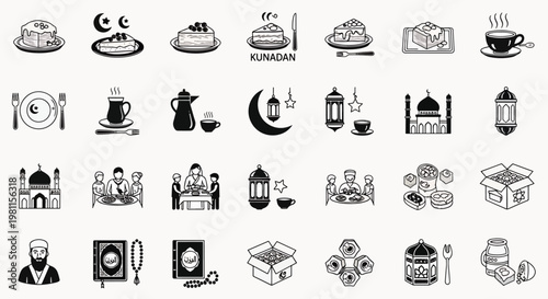Ramadan icons set for Iftar and Suhoor meals, mosques, religious books, dates, and sweet desserts for Islamic holidays celebration