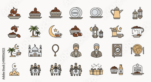 Ramadan Icons Set Dates Lanterns Mosque Coffee Palm Trees Dishes People Book Gifts and Drinks for Islamic Celebrations