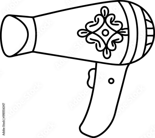 Handheld hair dryer with decorative pattern, beauty and styling tool outline drawing