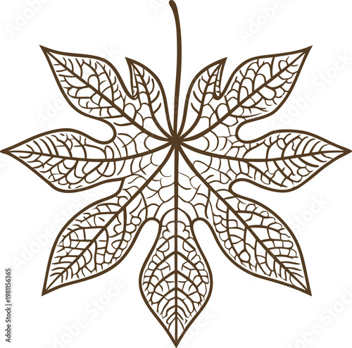 detailed brown leaf outline with intricate vein pattern on white background