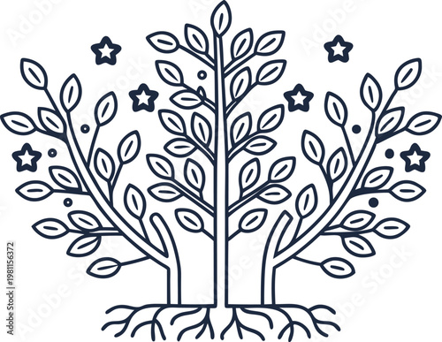 Peaceful nature inspired design with two symmetrical trees, leaves, and stars