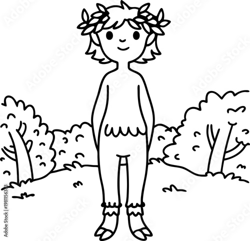Young faun standing in forest clearing with leaf crown and hooved feet