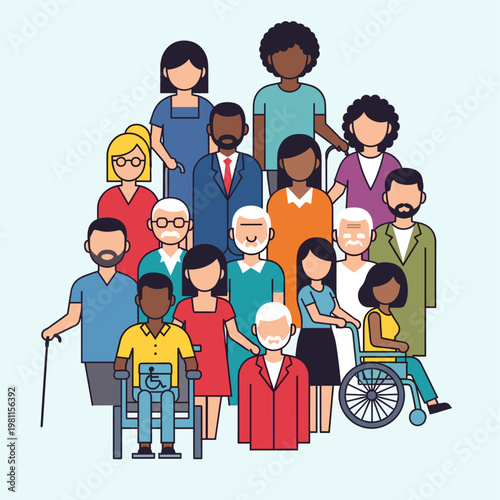 A diverse group of people of various ages, ethnicities, and abilities, including individuals in wheelchairs and using canes, standing together in a stylized illustration.