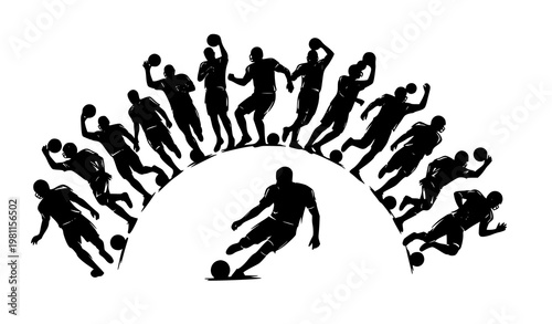 Footballers silhouette group ink drawing soccer players action vector set