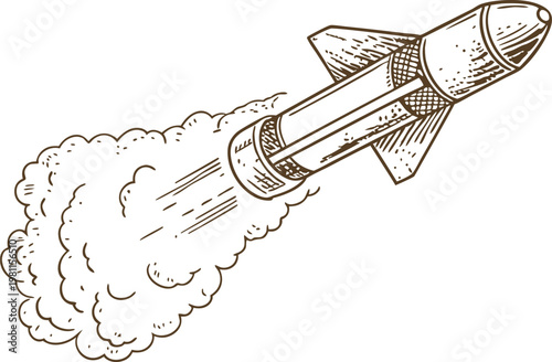 Retro rocket ship blasting off with smoke trail vintage space exploration illustration
