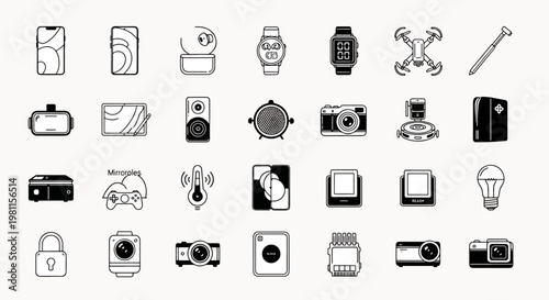 Modern Technology Gadgets and Devices Collection Vector Icons Set Smart Home Devices Consumer Electronics and Digital Items