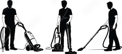 Collection of Professional Cleaner Silhouettes Using Industrial Vacuum Cleaners and Equipment for Floor Maintenance and Janitorial Services Isolated on White Background for Commercial Design