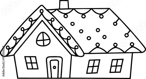 Simple charming house outline with decorated roof and chimney, cozy home drawing