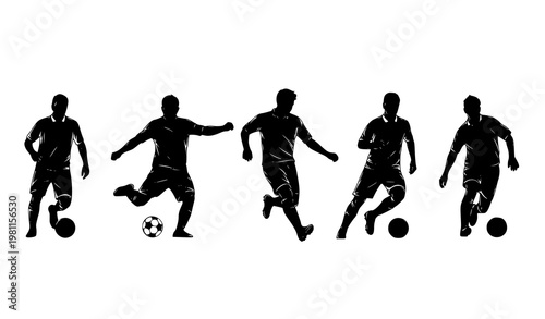 Soccer players silhouette set footballers group ink style team sport vector illustration