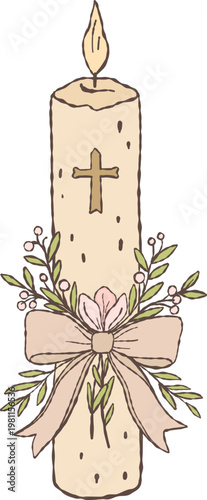 Christian candle decorated with a cross, bow, and delicate floral elements, featuring small flowers and foliage. Hand-drawn doodle illustration with a burning flame in soft pastel style. 