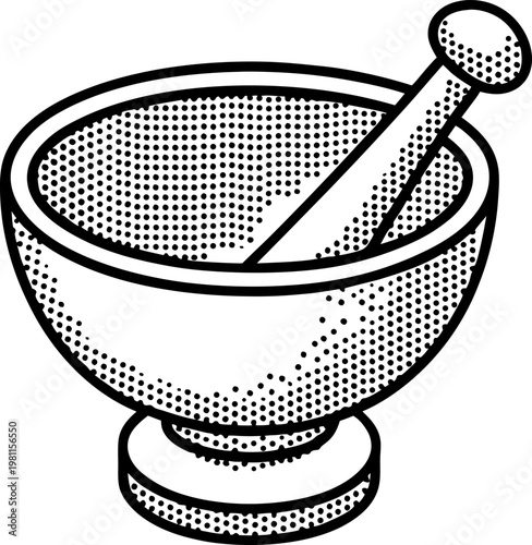 Mortar and pestle illustration traditional grinding tool for spices and herbs with textured halftone