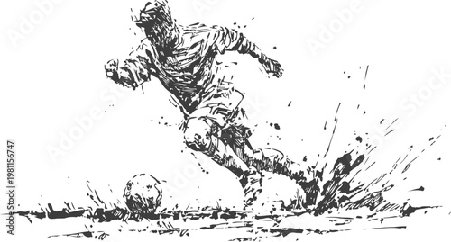 Dynamic soccer player kicking ball with splashing water effect in monochrome sketch