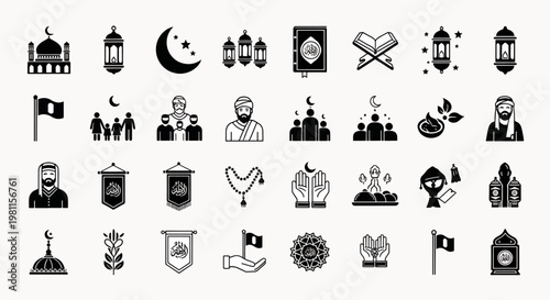 Islamic Icons Set, Mosque Dome, Crescent Moon Stars, Lanterns, Prayer Beads, Quran, Islamic Calligraphy Banners, People, Flag, Hands