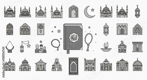 Islamic Icons Set Mosques, Quran, Prayer Beads, Lanterns, and Traditional Islamic Architecture Elements