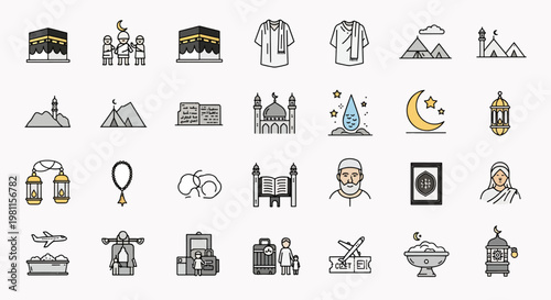 Islamic Icons Set Kaaba Mosque Pilgrimage Symbols Travel Transportation and Ramadan Elements