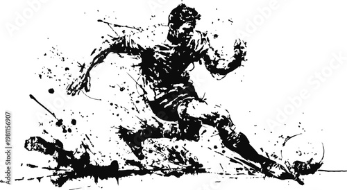 Dynamic soccer player kicking ball with energetic paint splatter effect in black and white illustration