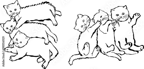 Active cat group line art. Kittens piled up and clinging in playful poses, an energetic vector sketch for illustrations.