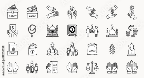 Islamic icons set for charity and zakat concept including mosque, holy book, rosary, money, and family symbols